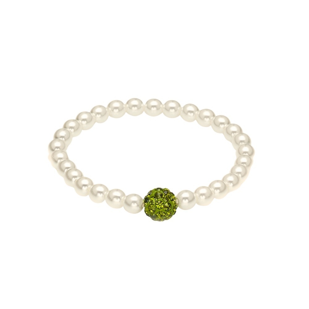Faux Pearl Stretch Bracelet with Green Crystal Shamballa โ 8mm Accent (small)